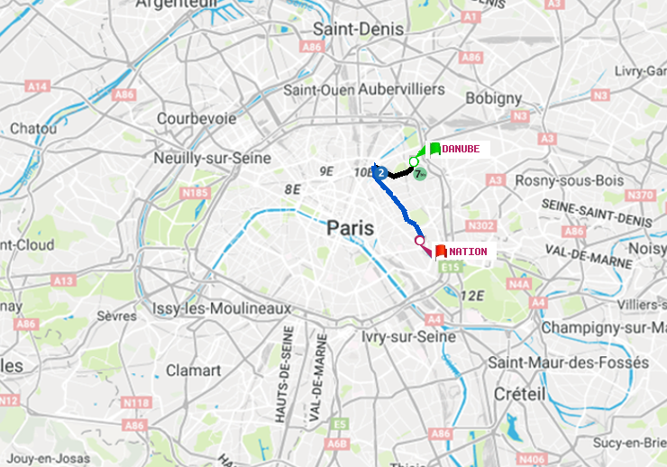 plan itinéraire ratp de Danube à Nation