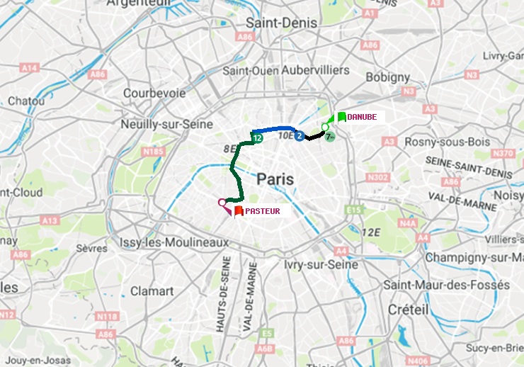 plan itinéraire ratp de Danube à Pasteur