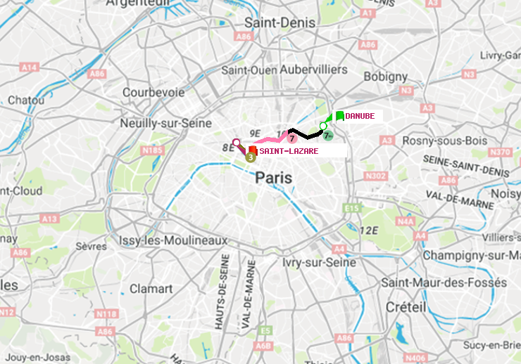 plan itinéraire ratp de Danube à Saint-Lazare