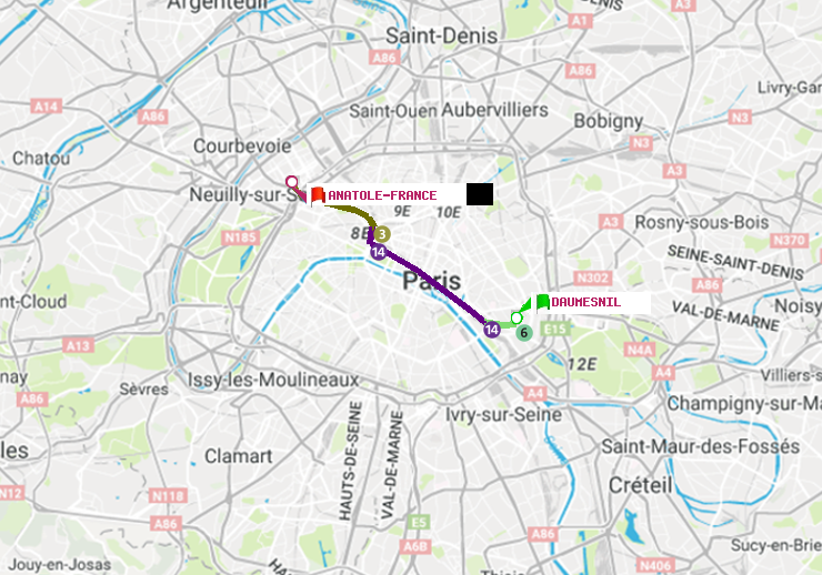 plan itinéraire ratp de Daumesnil (Félix Eboué) à Anatole-France