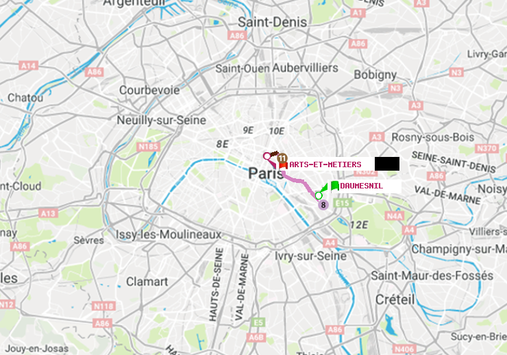 plan itinéraire ratp de Daumesnil (Félix Eboué) à Arts-et-Métiers
