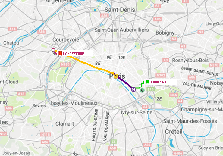 plan itinéraire ratp de Daumesnil (Félix Eboué) à La Défense (Grande Arche)
