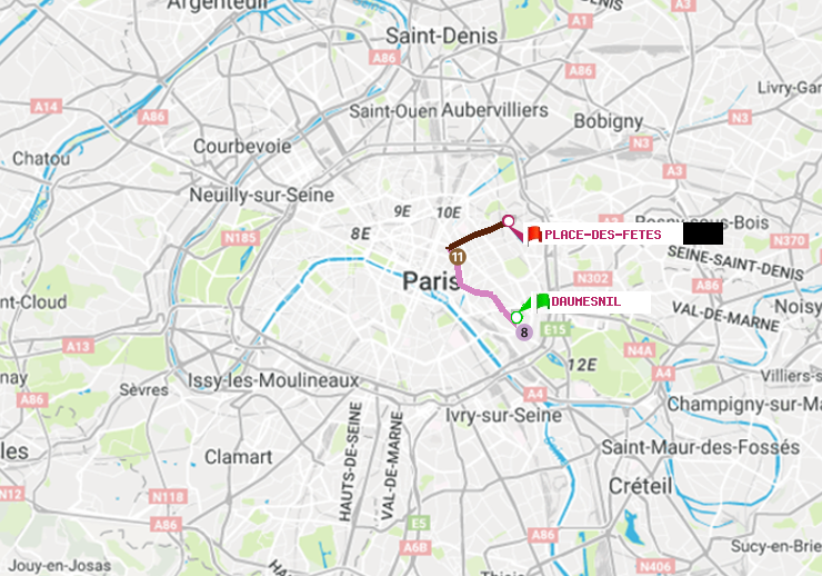 plan itinéraire ratp de Daumesnil (Félix Eboué) à Place des Fêtes