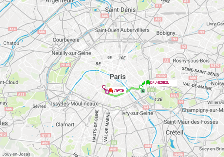 plan itinéraire ratp de Daumesnil (Félix Eboué) à Vavin