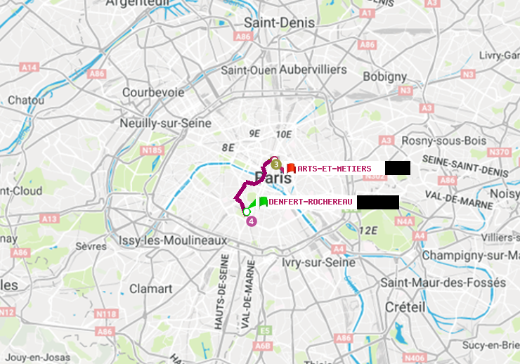 plan itinéraire ratp de Denfert-Rochereau à Arts-et-Métiers