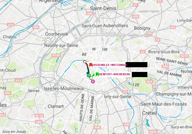 plan itinéraire ratp de Denfert-Rochereau à Assemblée Nationale