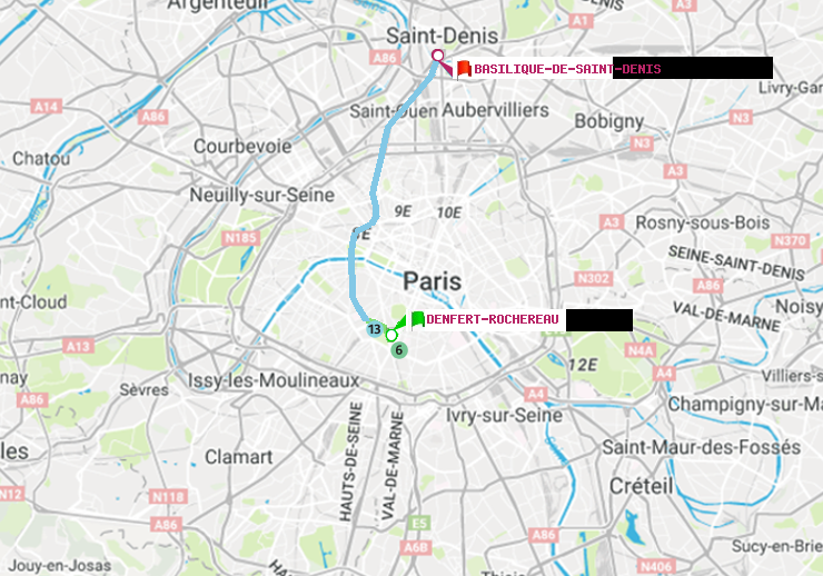 plan itinéraire ratp de Denfert-Rochereau à Basilique de Saint-Denis