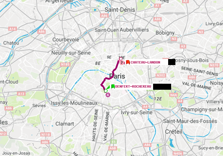 plan itinéraire ratp de Denfert-Rochereau à Château Landon