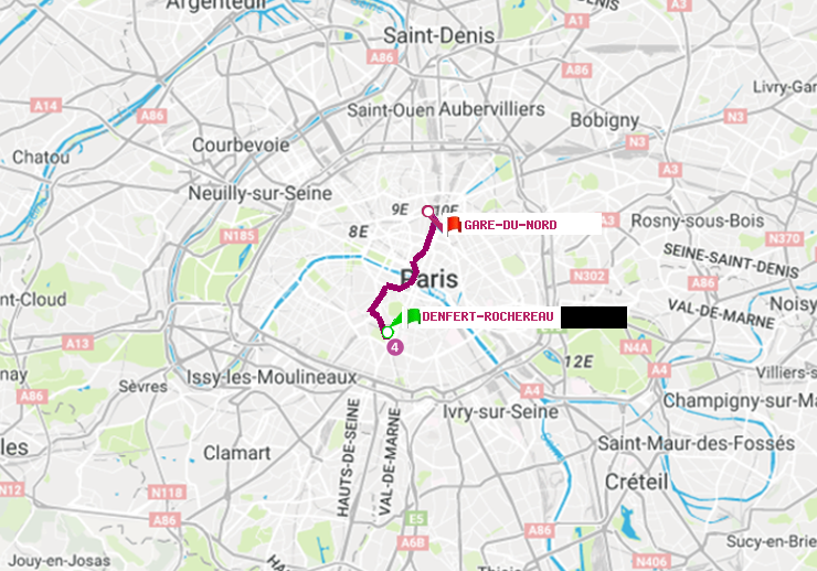plan itinéraire ratp de Denfert-Rochereau à Gare du Nord