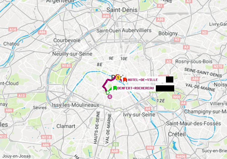 plan itinéraire ratp de Denfert-Rochereau à Hôtel de Ville