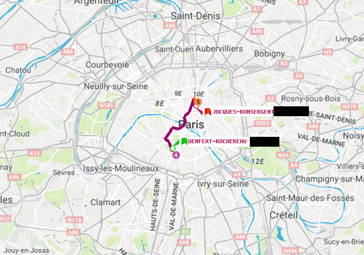 plan itinéraire ratp de Denfert-Rochereau à Jacques-Bonsergent