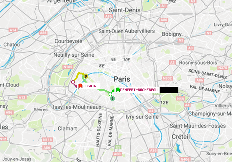 plan itinéraire ratp de Denfert-Rochereau à Jasmin