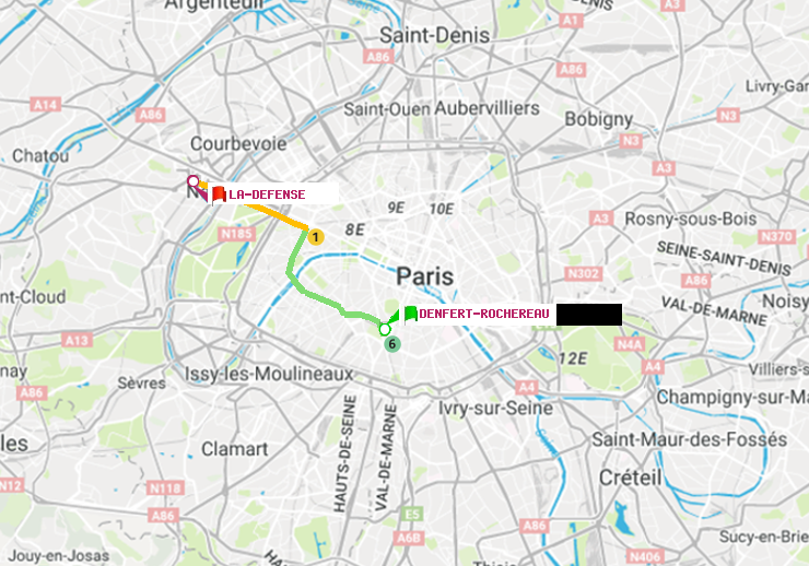 plan itinéraire ratp de Denfert-Rochereau à La Défense (Grande Arche)
