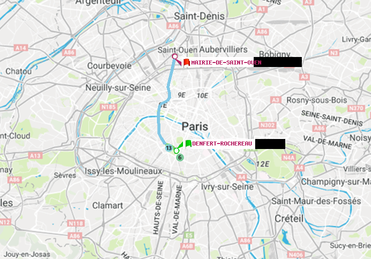 plan itinéraire ratp de Denfert-Rochereau à Mairie de Saint-Ouen