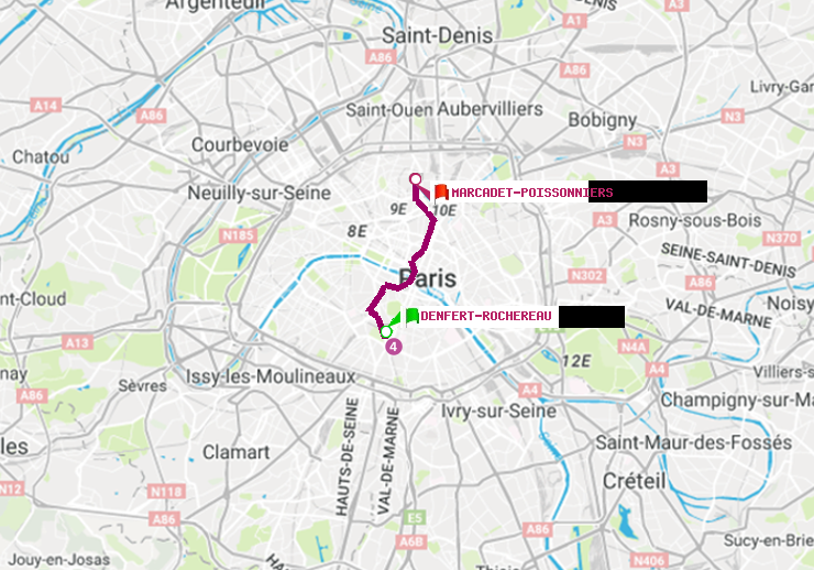 plan itinéraire ratp de Denfert-Rochereau à Marcadet-Poissonniers