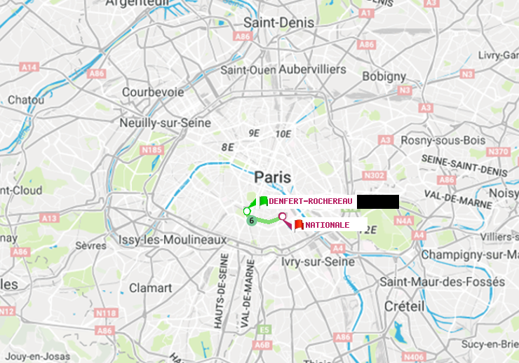 plan itinéraire ratp de Denfert-Rochereau à Nationale