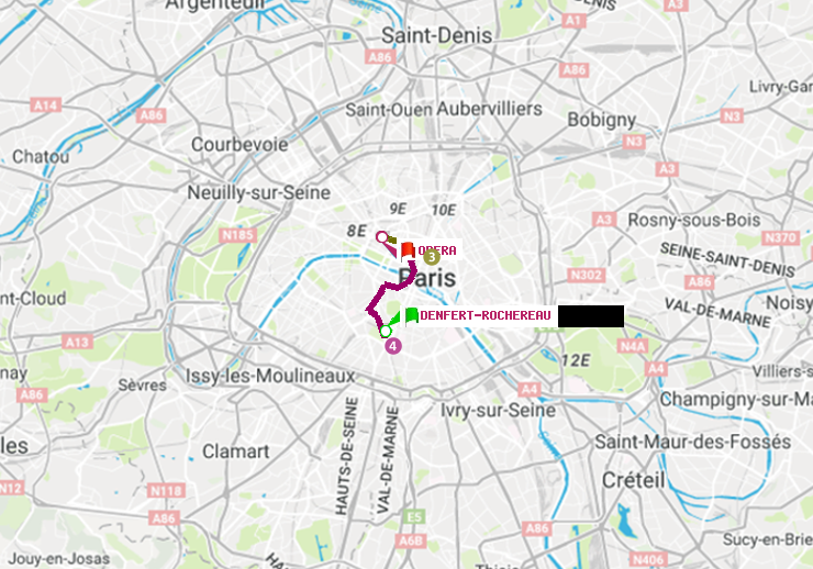 plan itinéraire ratp de Denfert-Rochereau à Opéra