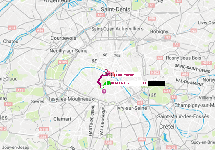 plan itinéraire ratp de Denfert-Rochereau à Pont Neuf