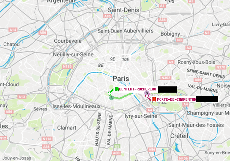 plan itinéraire ratp de Denfert-Rochereau à Porte de Charenton