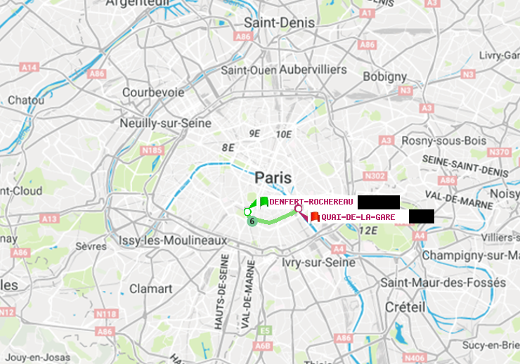 plan itinéraire ratp de Denfert-Rochereau à Quai de la Gare