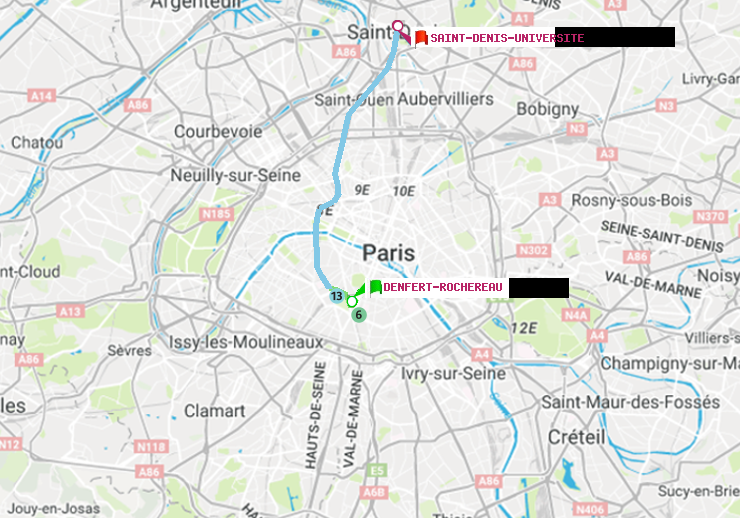 plan itinéraire ratp de Denfert-Rochereau à Saint-Denis-Universite