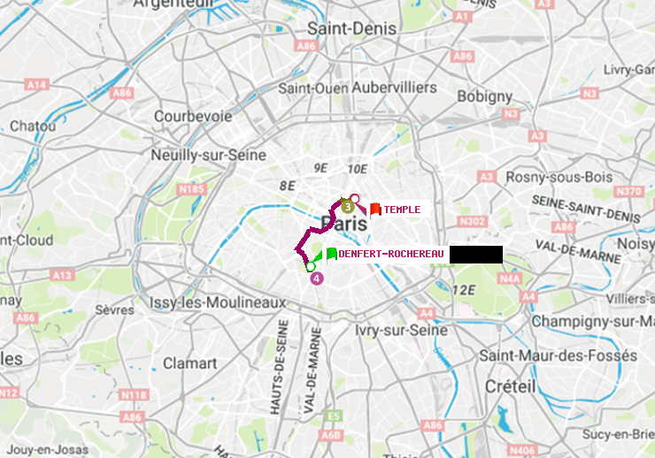 plan itinéraire ratp de Denfert-Rochereau à Temple