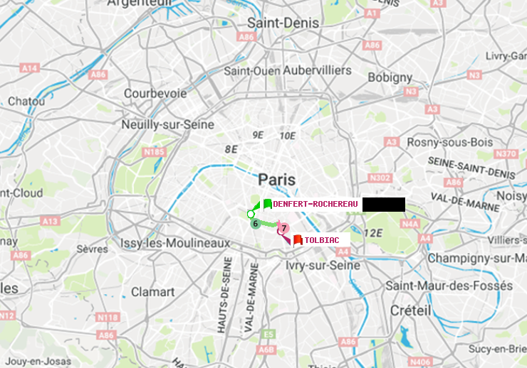 plan itinéraire ratp de Denfert-Rochereau à Tolbiac