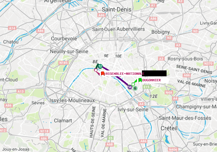 plan itinéraire ratp de Dugommier à Assemblée Nationale