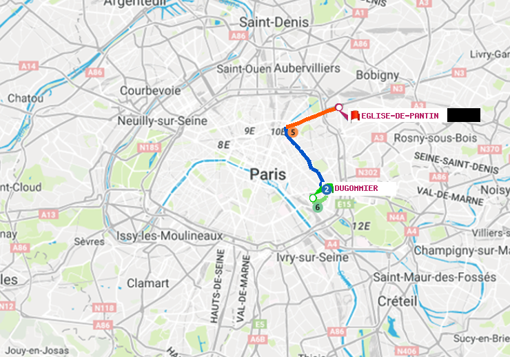 plan itinéraire ratp de Dugommier à Eglise de Pantin
