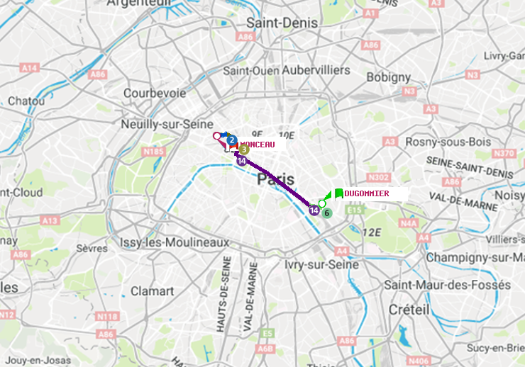plan itinéraire ratp de Dugommier à Monceau