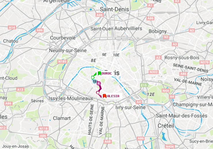 plan itinéraire ratp de Duroc à Alésia