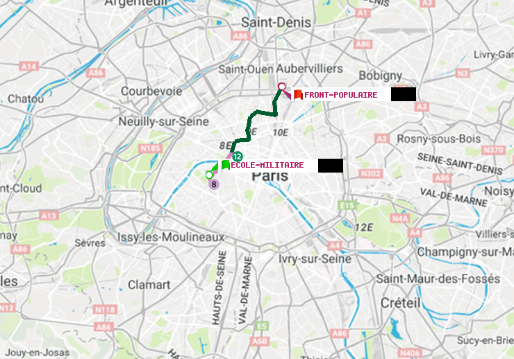 plan itinéraire ratp de Ecole Militaire à Front Populaire