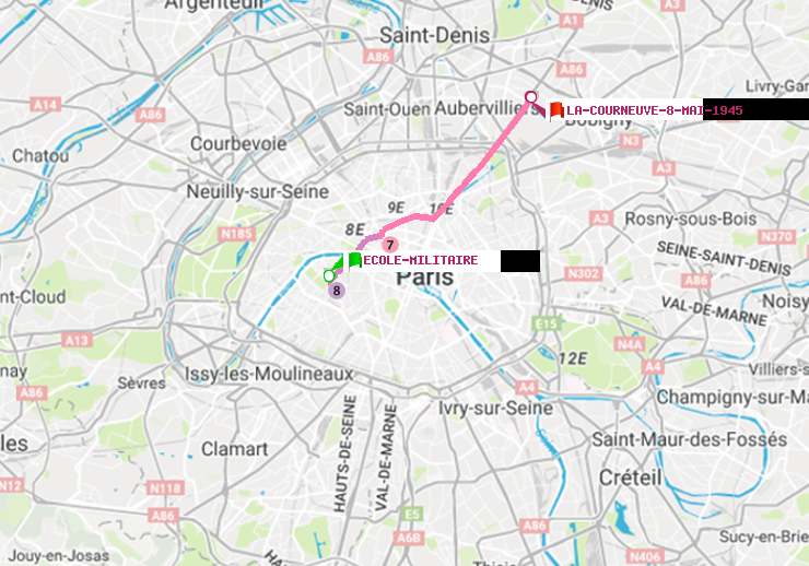 plan itinéraire ratp de Ecole Militaire à La Courneuve-8-Mai-1945