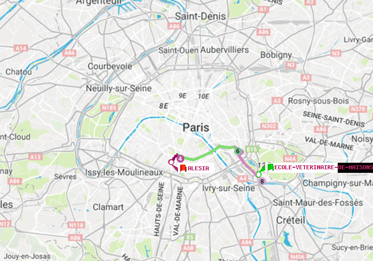 plan itinéraire ratp de Ecole Vétérinaire de Maisons-Alfort à Alésia