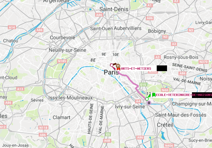 plan itinéraire ratp de Ecole Vétérinaire de Maisons-Alfort à Arts-et-Métiers