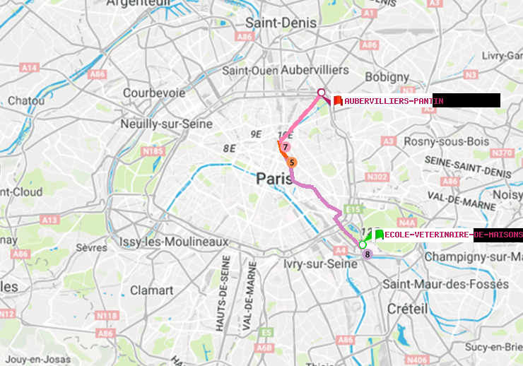 plan itinéraire ratp de Ecole Vétérinaire de Maisons-Alfort à Aubervilliers Pantin (4 Chemins)