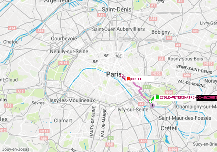 plan itinéraire ratp de Ecole Vétérinaire de Maisons-Alfort à Bastille
