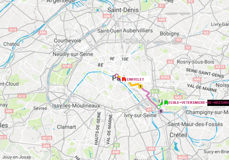 plan itinéraire ratp de Ecole Vétérinaire de Maisons-Alfort à Châtelet