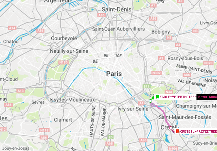 plan itinéraire ratp de Ecole Vétérinaire de Maisons-Alfort à Créteil-Préfecture (Hôtel de Ville)