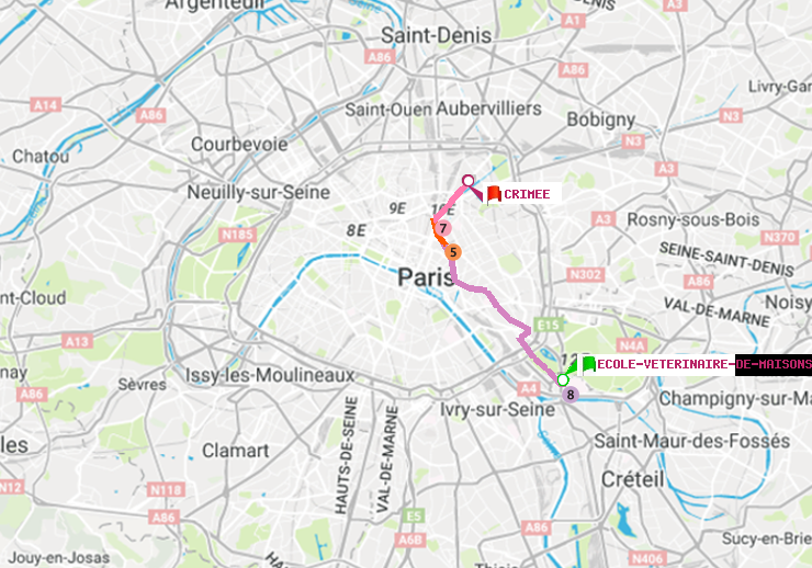 plan itinéraire ratp de Ecole Vétérinaire de Maisons-Alfort à Crimée