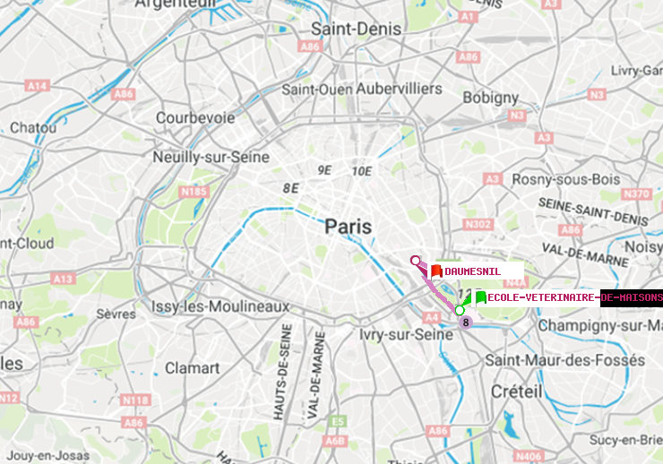 plan itinéraire ratp de Ecole Vétérinaire de Maisons-Alfort à Daumesnil (Félix Eboué)