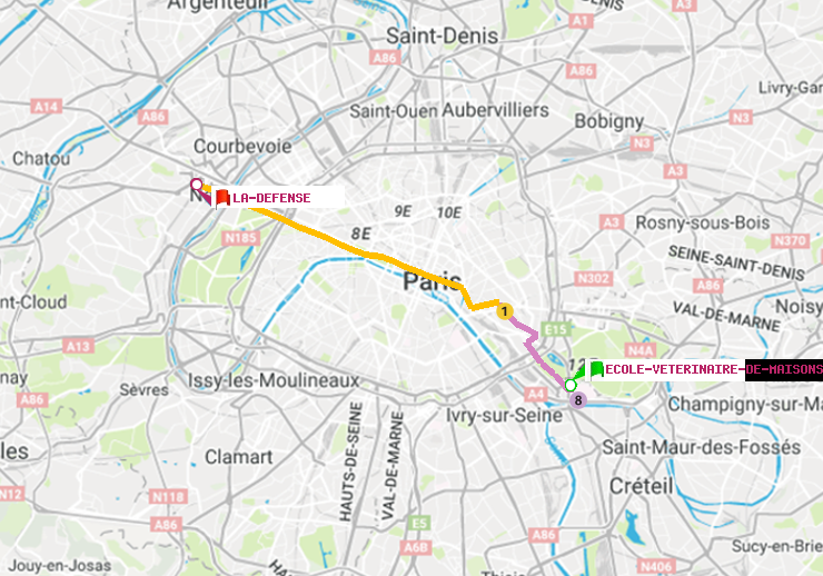 plan itinéraire ratp de Ecole Vétérinaire de Maisons-Alfort à La Défense (Grande Arche)