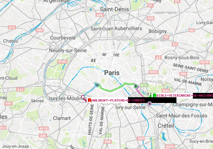 plan itinéraire ratp de Ecole Vétérinaire de Maisons-Alfort à Malakoff-Plateau de Vanves