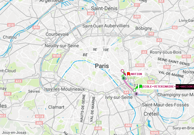 plan itinéraire ratp de Ecole Vétérinaire de Maisons-Alfort à Nation