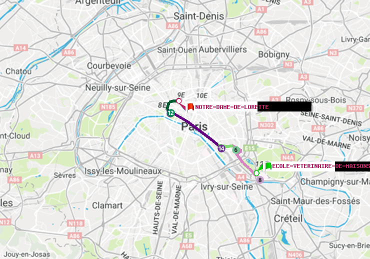 plan itinéraire ratp de Ecole Vétérinaire de Maisons-Alfort à Notre-Dame de Lorette
