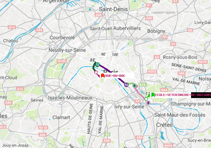 plan itinéraire ratp de Ecole Vétérinaire de Maisons-Alfort à Rue du Bac