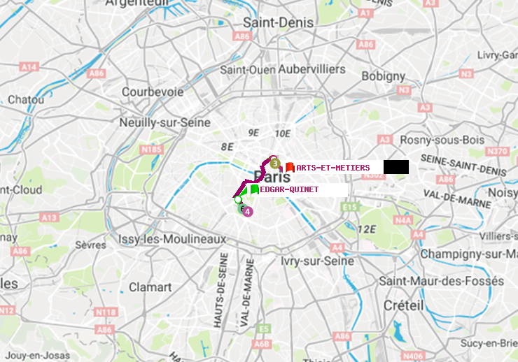 plan itinéraire ratp de Edgar-Quinet à Arts-et-Métiers
