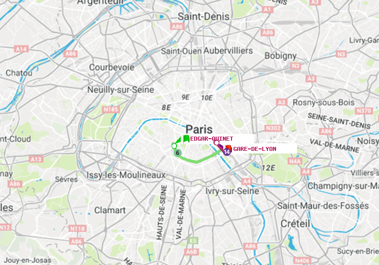 plan itinéraire ratp de Edgar-Quinet à Gare de Lyon