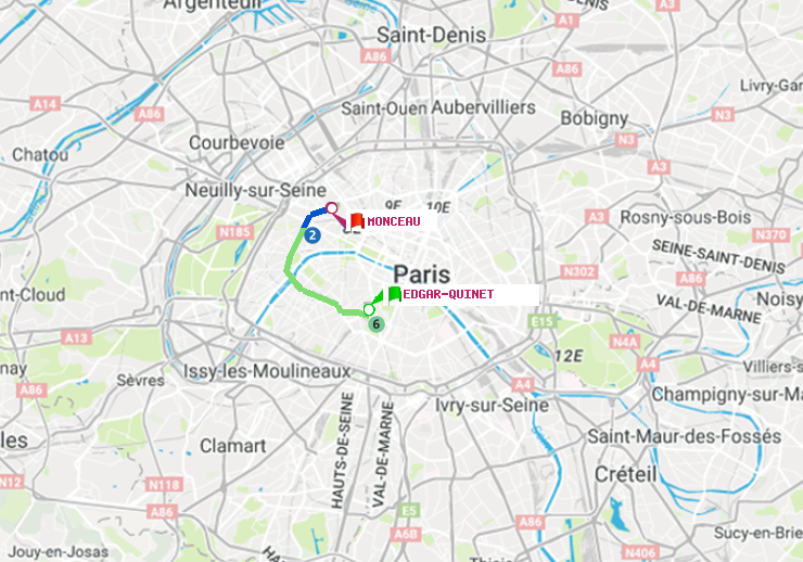 plan itinéraire ratp de Edgar-Quinet à Monceau