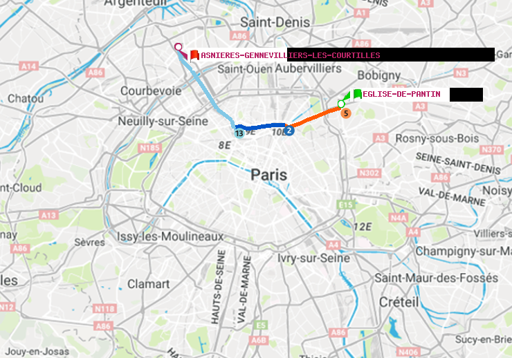 plan itinéraire ratp de Eglise de Pantin à Asnieres-Gennevilliers Les Courtilles